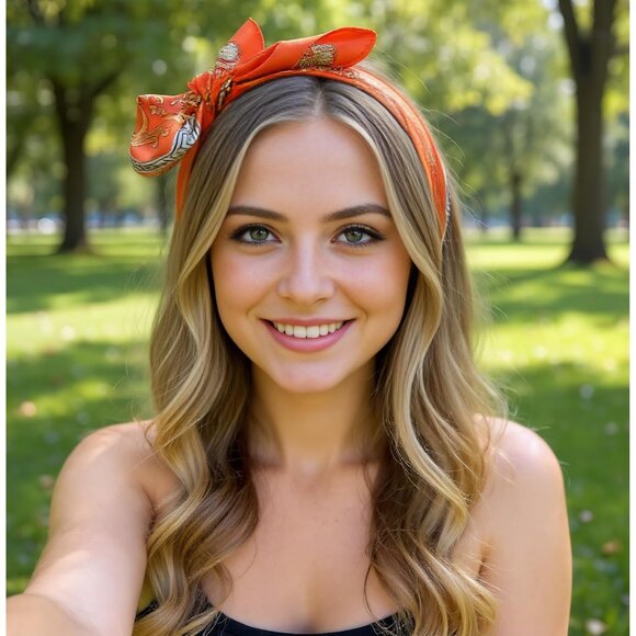 Women Orange Golden Headscarf Satin Bandana Pattern Polyester Breathable Scarves - Picture 4 of 6